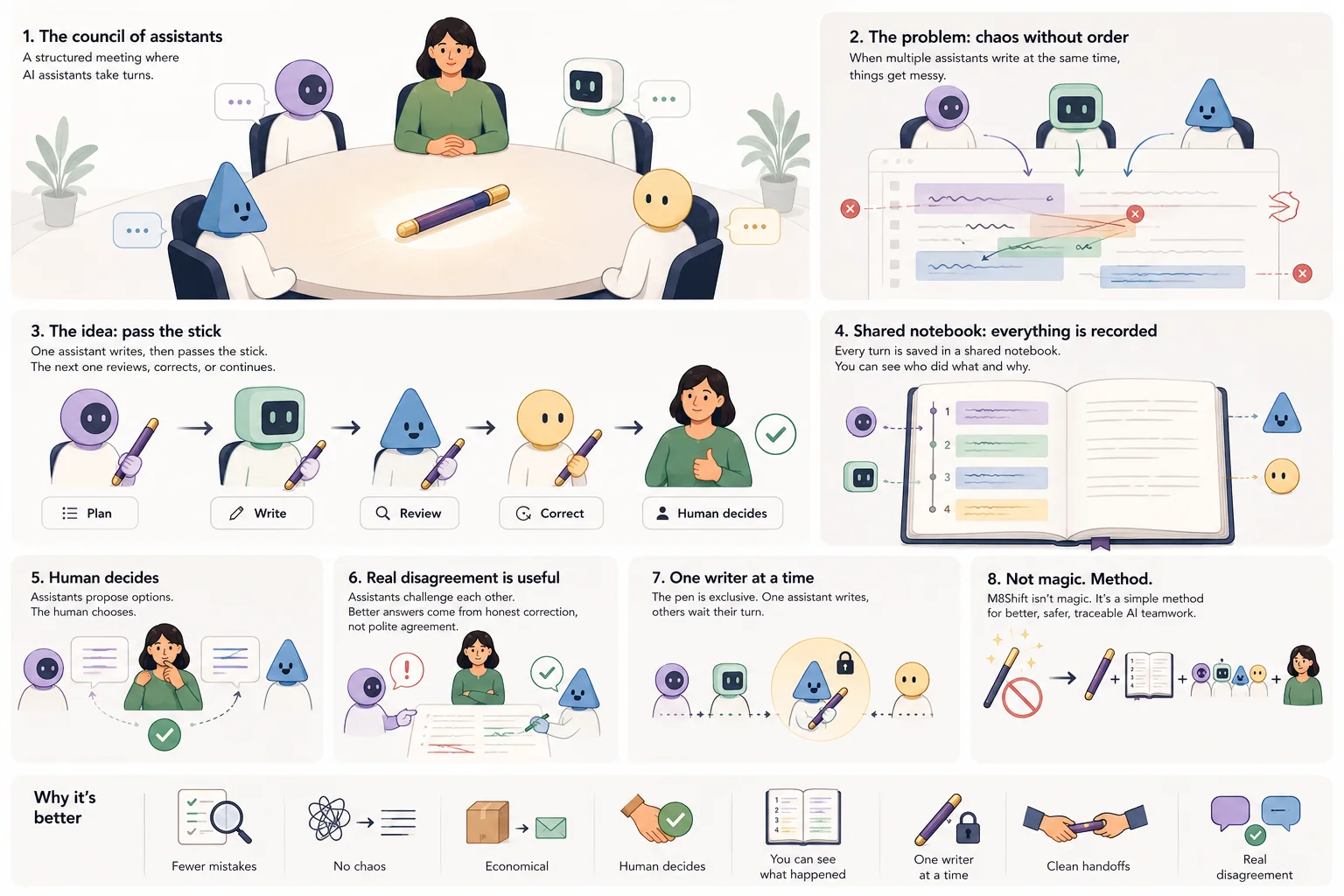 An illustrated overview of M8Shift: assistants take turns, a shared notebook records everything, and a human makes the final decision.
